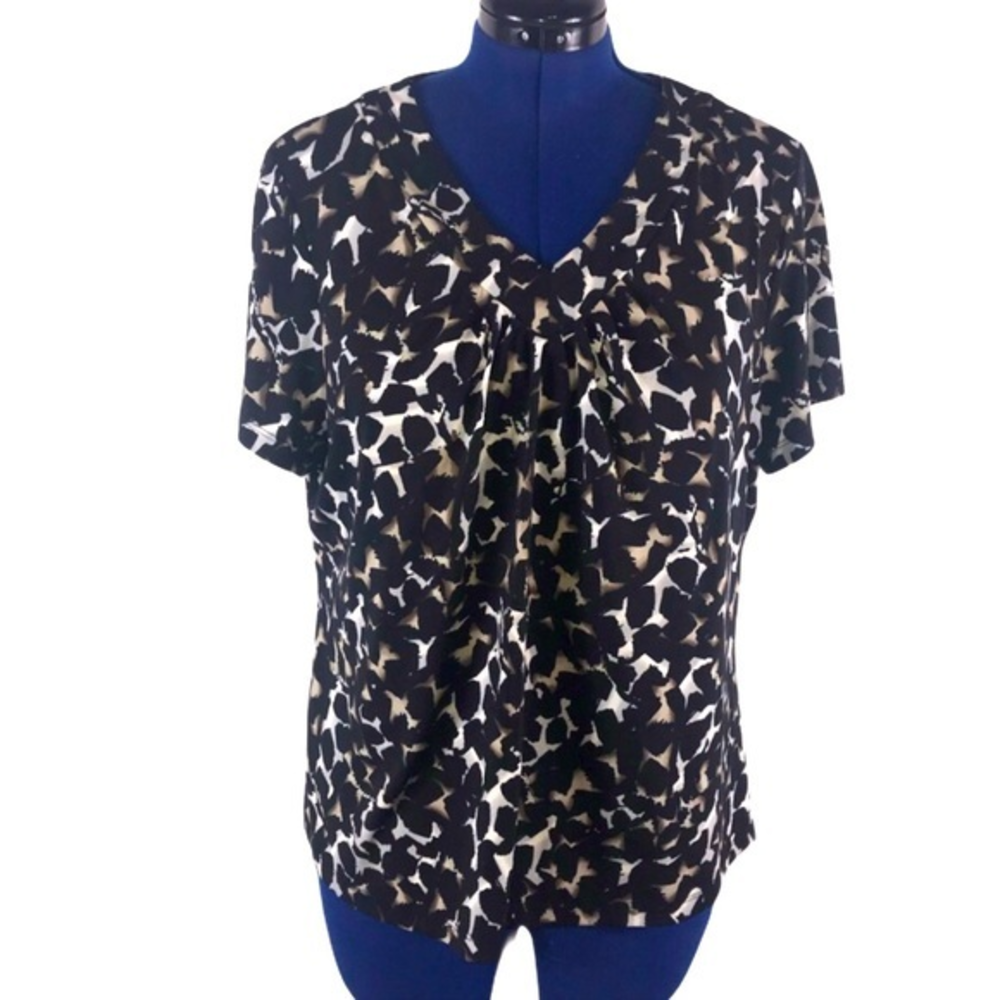 Apt. 9 1X brown black white animal print v neck ruffle bust short sleeve‎ top